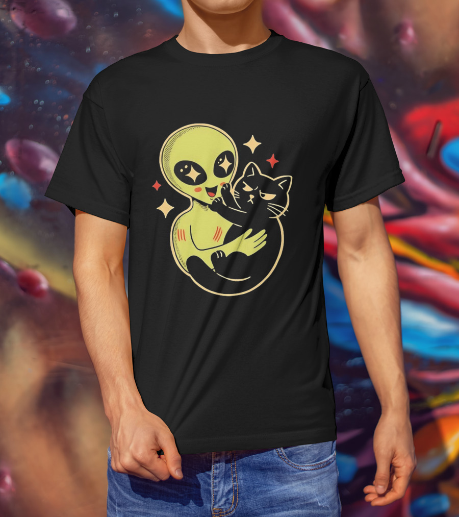 Alien Holding Grumpy Black Cat Surrounded By Stars T-Shirt