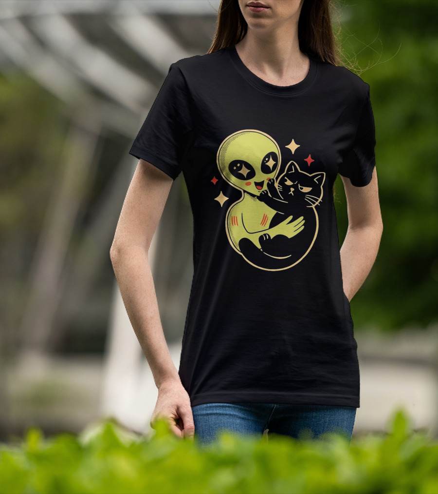 Alien Holding Grumpy Black Cat Surrounded By Stars T-Shirt