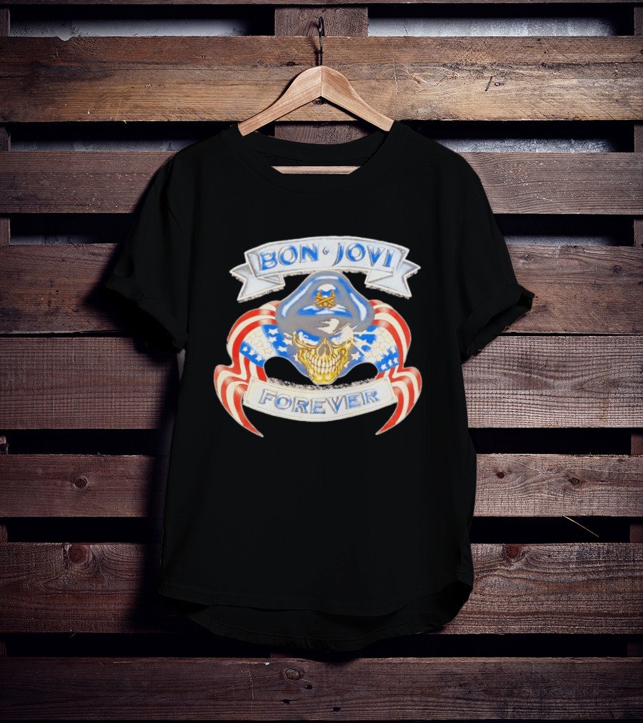 Bon Jovi Forever Skull With American Flag Banners And Blue Cap T-Shirt