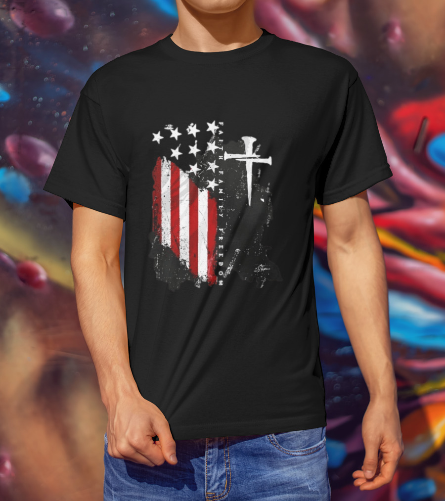 Faith Family Freedom Patriotic American Flag Cross T-Shirt