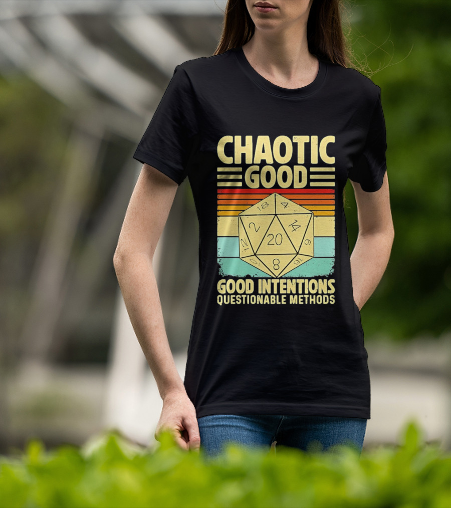 Chaotic Good D20 Good Intentions Questionable Methods Stripes T-Shirt
