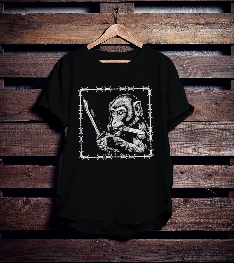 Monkey Holding Knife Barbed Wire Black And White Sketch T-Shirt
