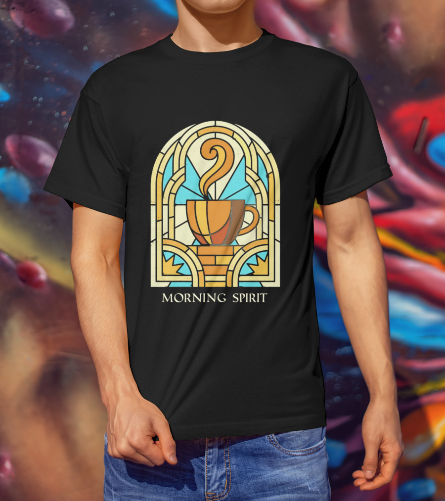 Morning Spirit Coffee Cup Stained Glass Art Deco T-Shirt