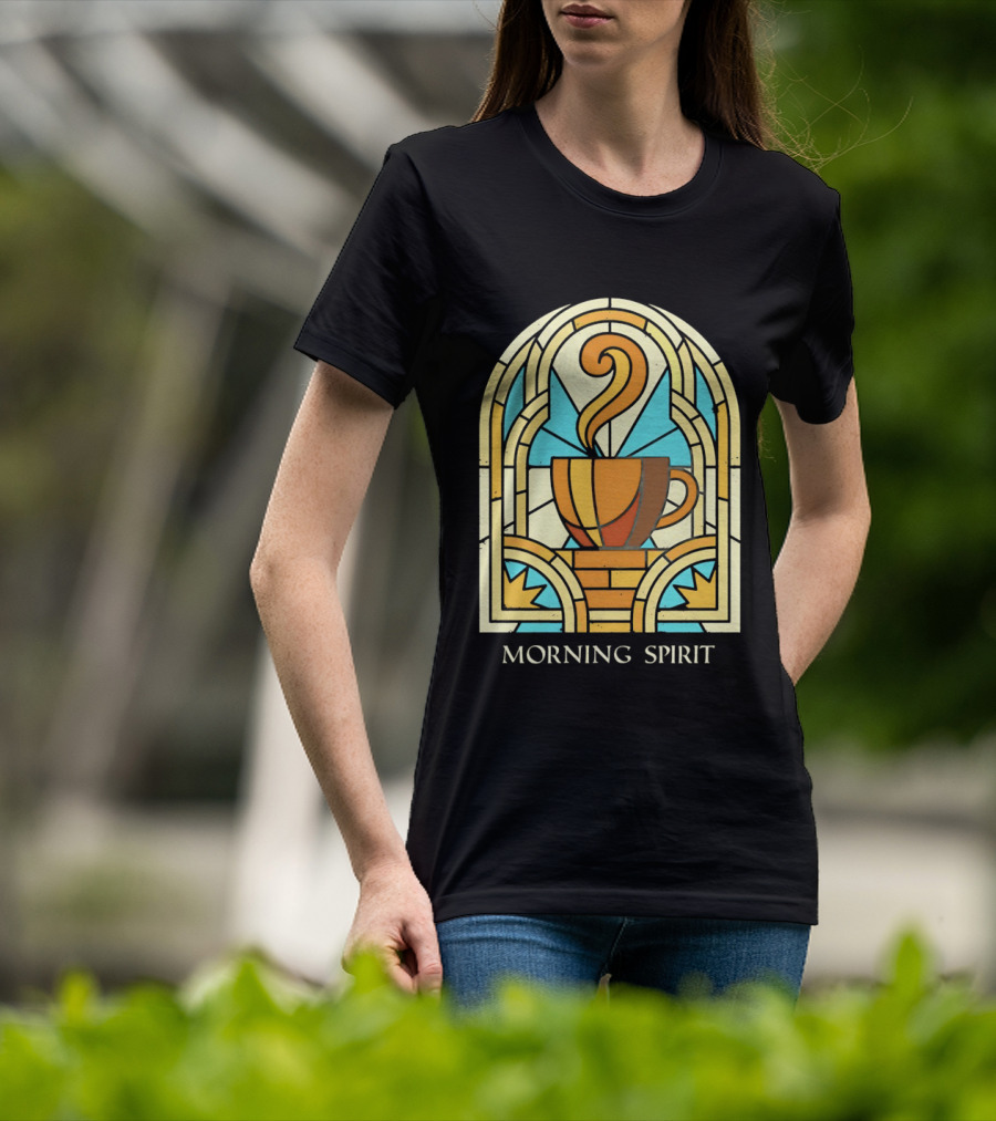 Morning Spirit Coffee Cup Stained Glass Art Deco T-Shirt