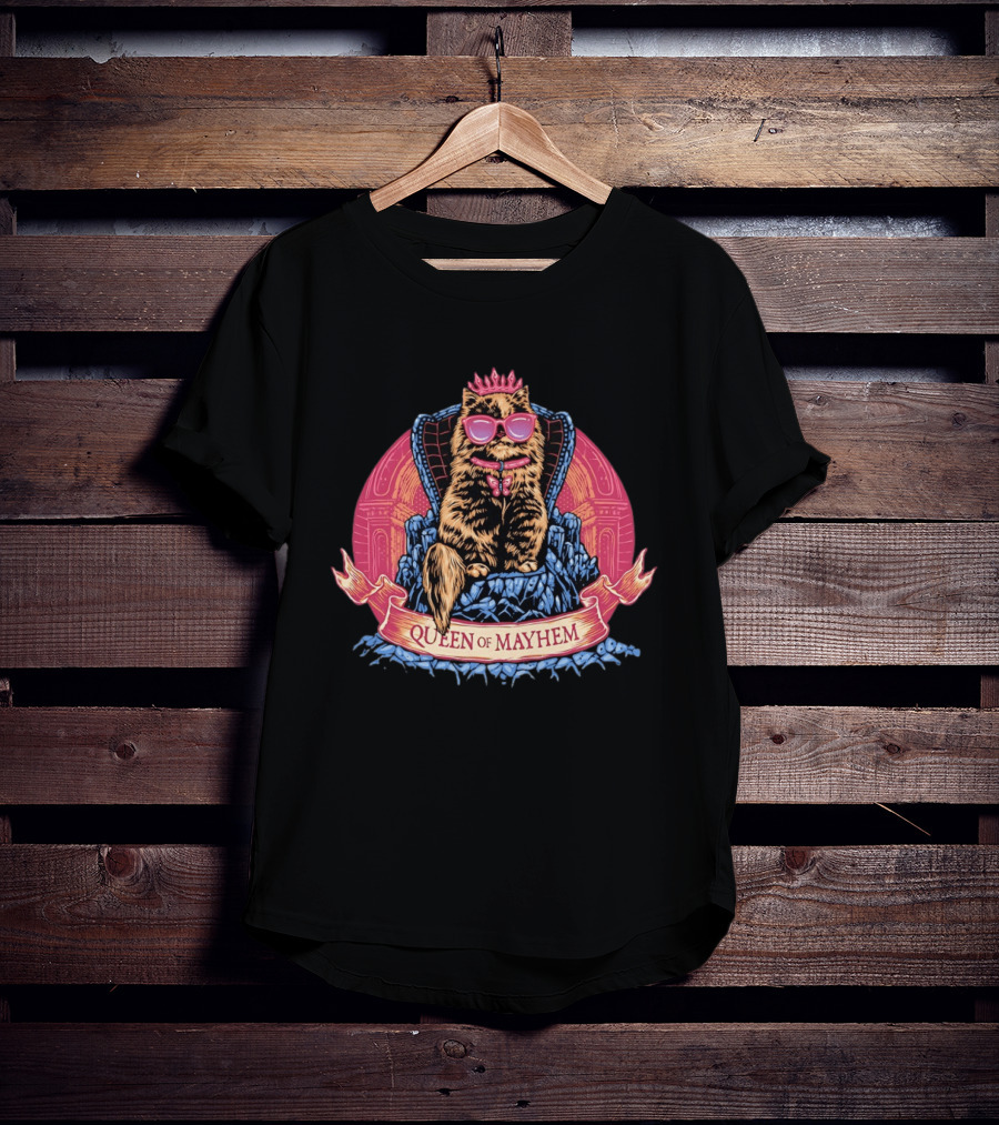Queen Of Mayhem Cat With Pink Crown And Glasses On Throne T-Shirt