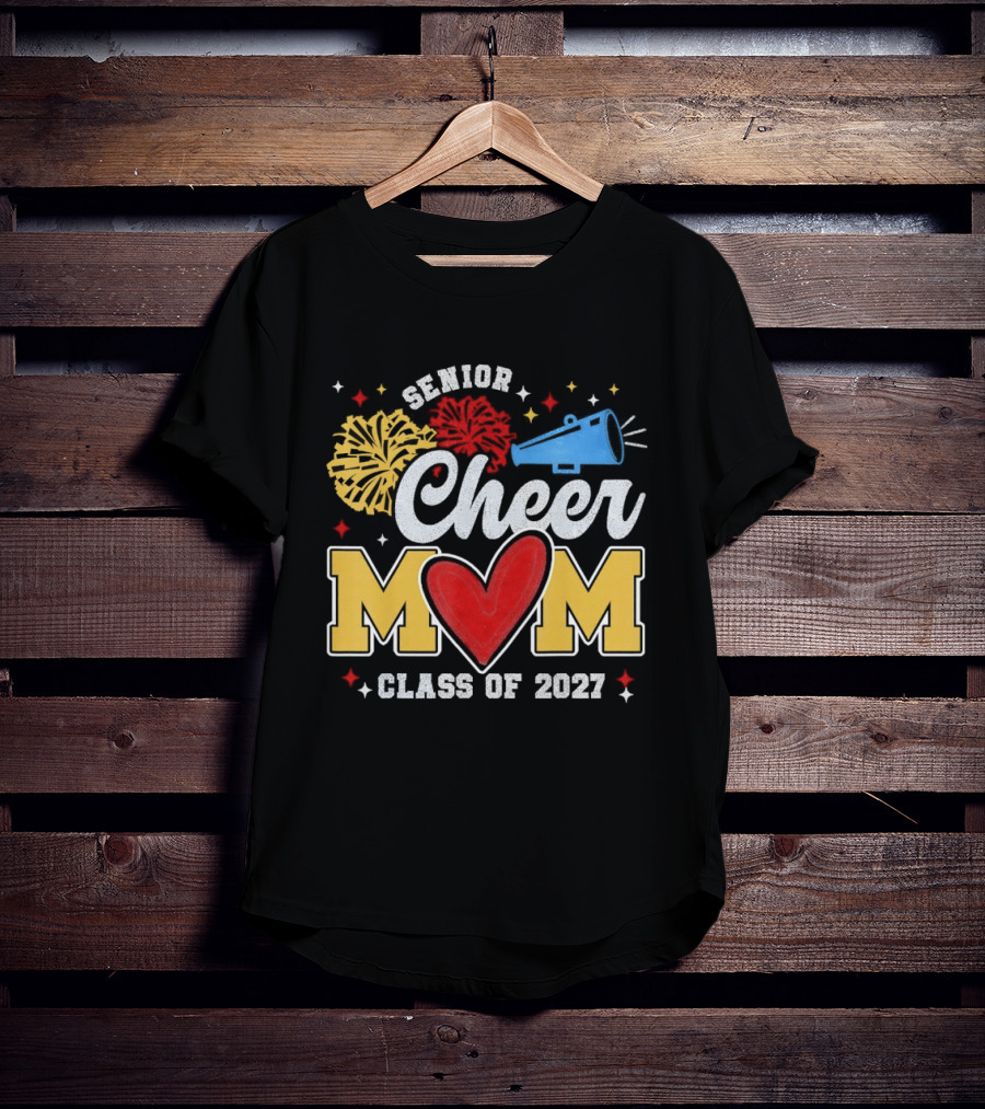 Senior Cheer Mom Megaphone Heart Pom Poms Class Of 2027 T-Shirt