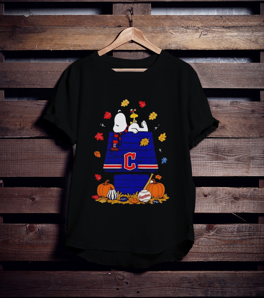 Snoopy Woodstock Cleveland Guardians Fall Baseball Pumpkins Autumn Leaves T-Shirt