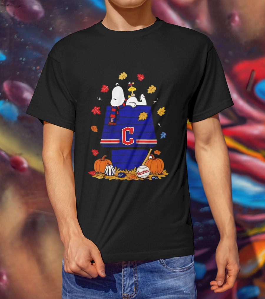 Snoopy Woodstock Cleveland Guardians Fall Baseball Pumpkins Autumn Leaves T-Shirt