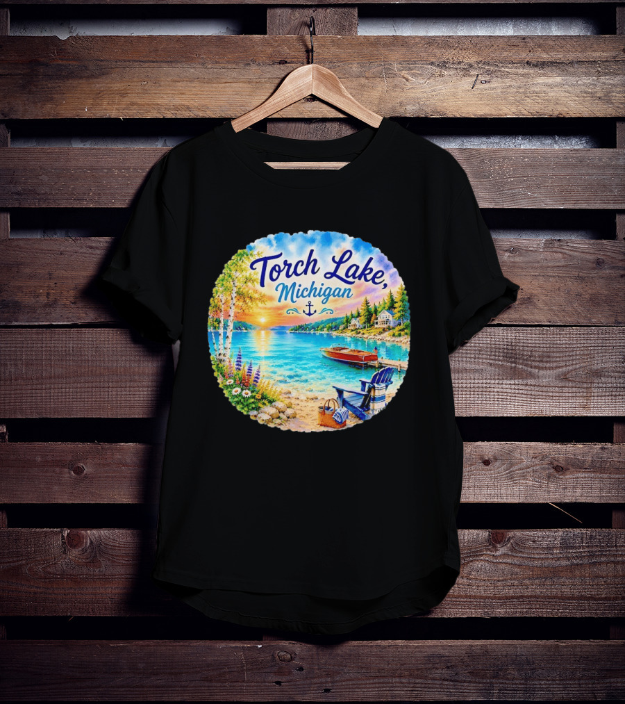 Torch Lake Michigan Sunset Scenic Lakeside Anchor T-Shirt