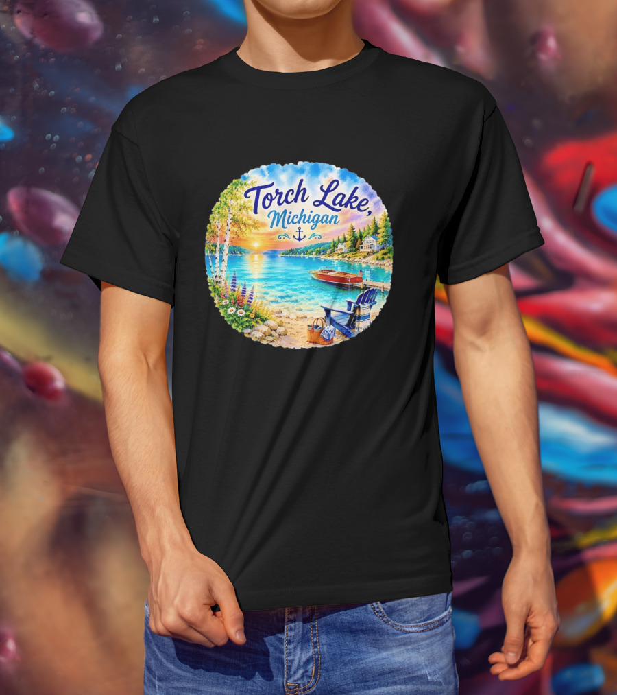 Torch Lake Michigan Sunset Scenic Lakeside Anchor T-Shirt