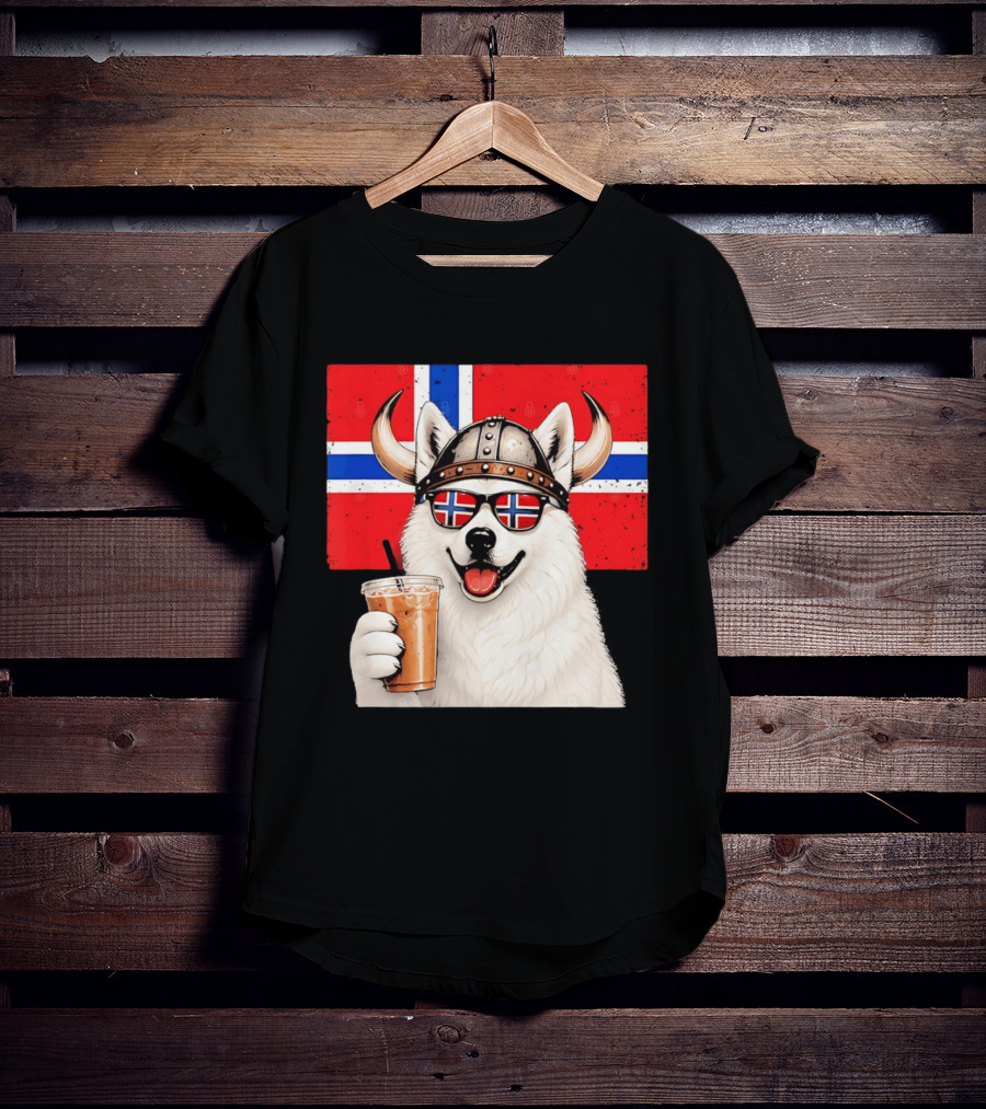 Viking Husky With Norwegian Flag Glasses And Iced Coffee T-Shirt
