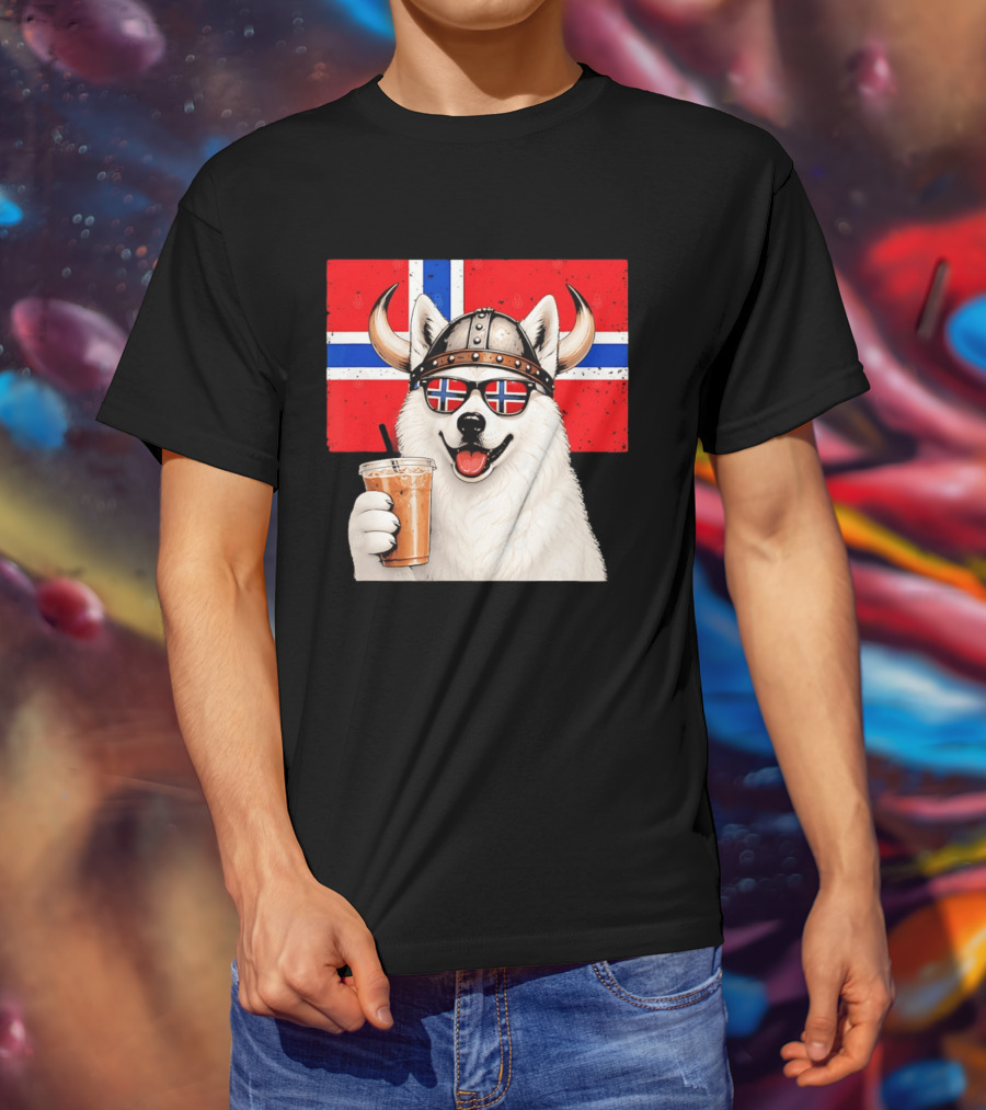 Viking Husky With Norwegian Flag Glasses And Iced Coffee T-Shirt