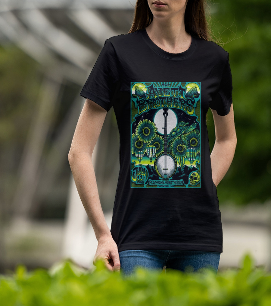 The Avett Brothers Red Rocks Amphitheatre July 11 2026 Morrison CO Banjo Sunflowers Hot Air Balloons Turtles Skulls T-Shirt