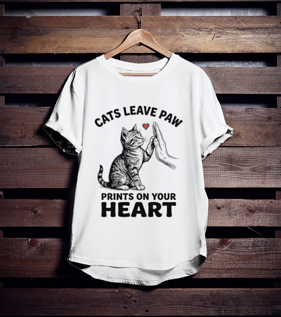 Cats Leave Paw Prints On Your Heart With Hand And Paw High Five T-Shirt