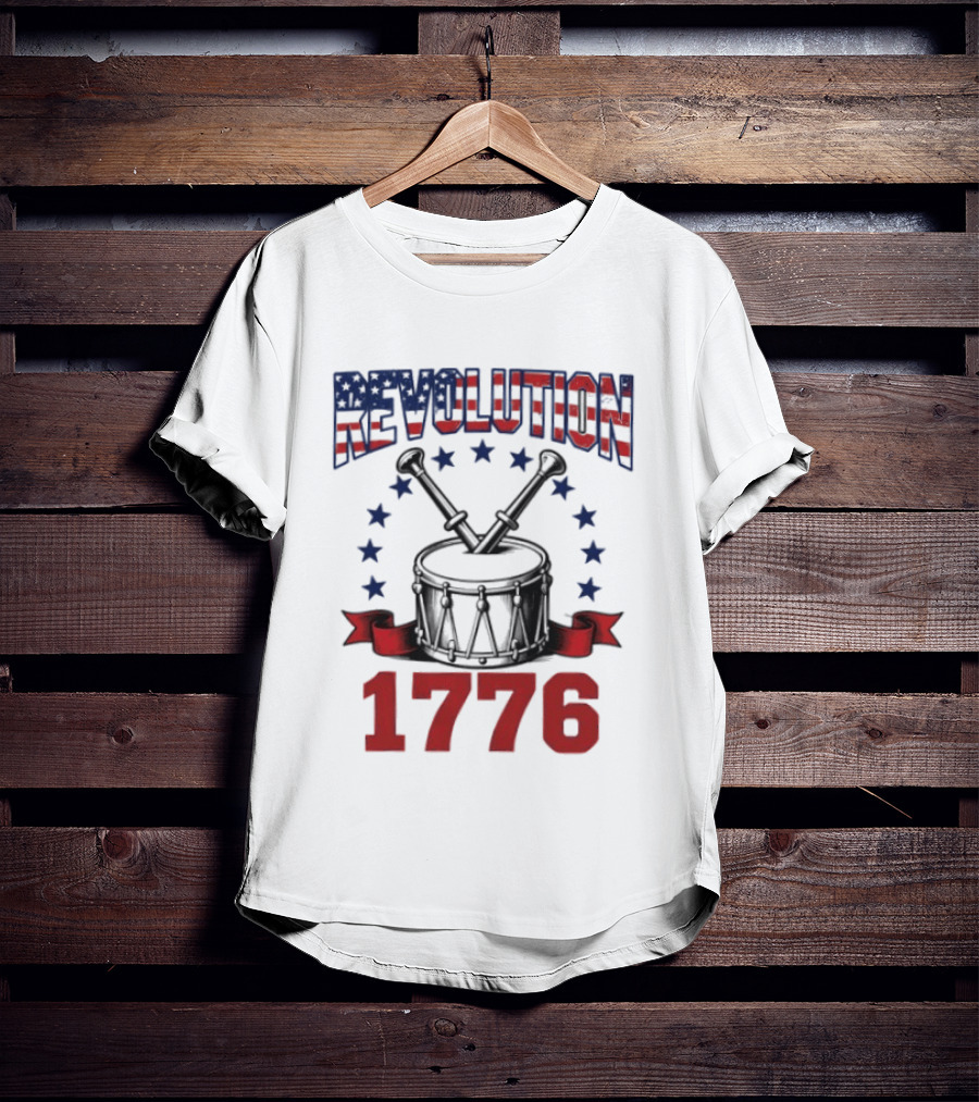 Revolution 1776 American Independence Drum With Stars And Crossed Drumsticks T-Shirt