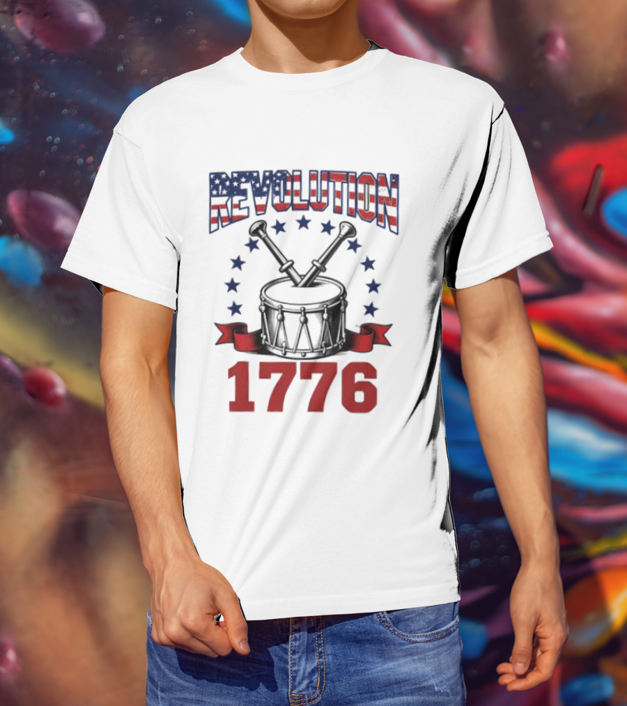 Revolution 1776 American Independence Drum With Stars And Crossed Drumsticks T-Shirt