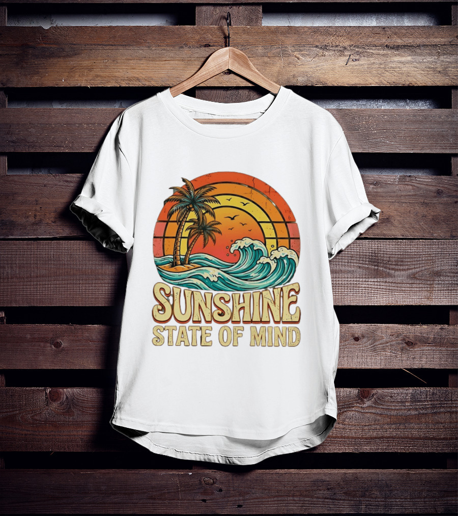 Sunshine State Of Mind Palm Trees Crashing Waves Sunset T-Shirt