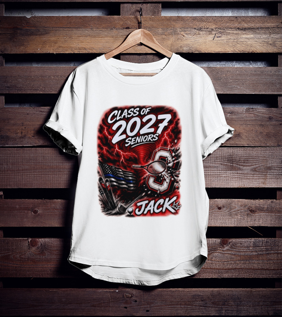 Class Of 2027 Seniors Jack Black Flag Lightning Tennis Football T-Shirt