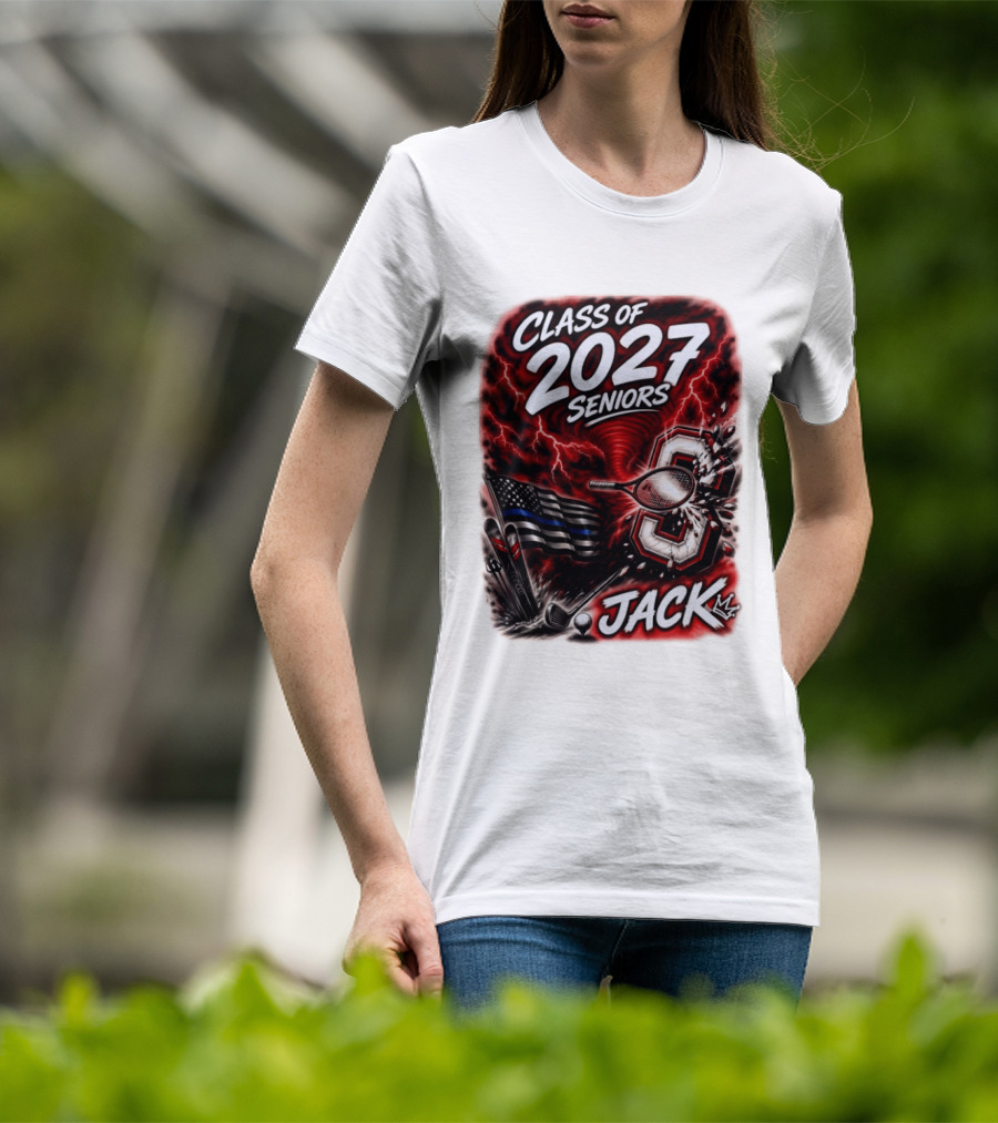 Class Of 2027 Seniors Jack Black Flag Lightning Tennis Football T-Shirt
