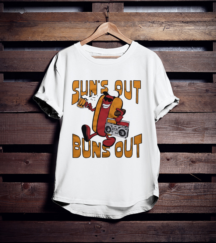 Sun's Out Buns Out Hot Dog With Sunglasses Holding Beer And Boombox T-Shirt