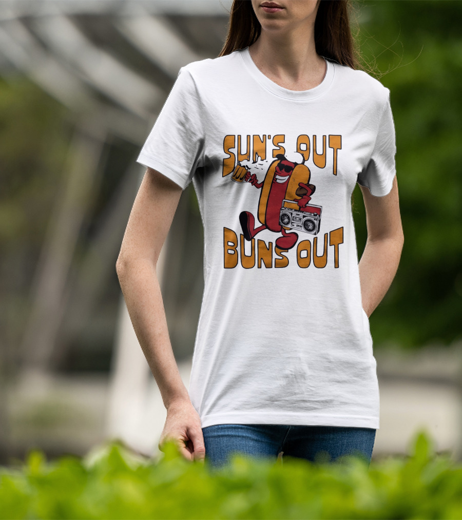 Sun's Out Buns Out Hot Dog With Sunglasses Holding Beer And Boombox T-Shirt