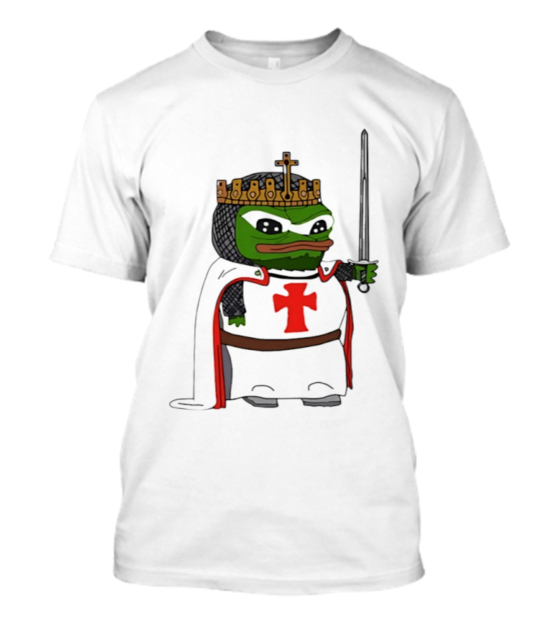 Pepe The Frog King Holding Sword Medieval Crusader Knight With Crown And Cape T-Shirt