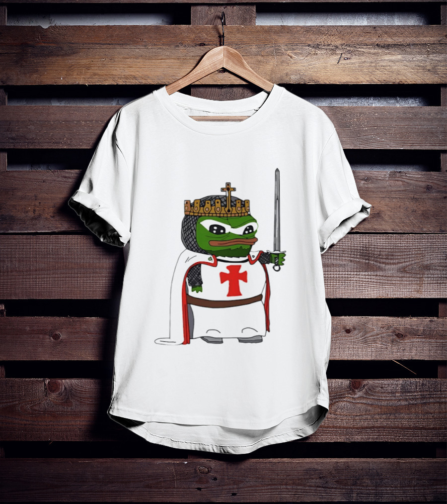 Pepe The Frog King Holding Sword Medieval Crusader Knight With Crown And Cape T-Shirt