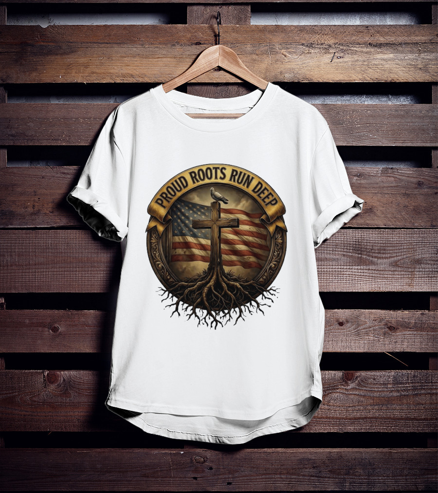 Proud Roots Run Deep Cross Dove American Flag Roots T-Shirt