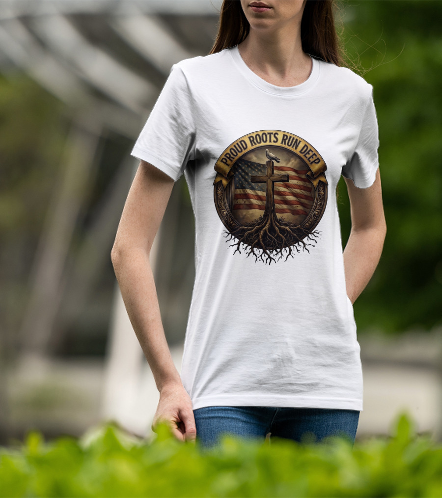 Proud Roots Run Deep Cross Dove American Flag Roots T-Shirt