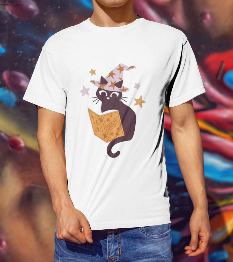 Magic Cat In Witch Hat Reading Spell Book With Stars T-Shirt