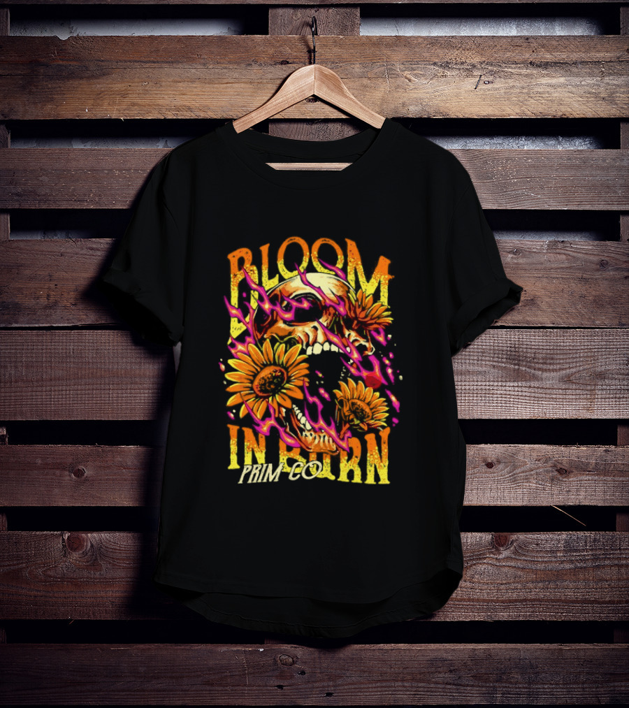 Bloom In Burn Prim Co Skull And Sunflowers T-Shirt