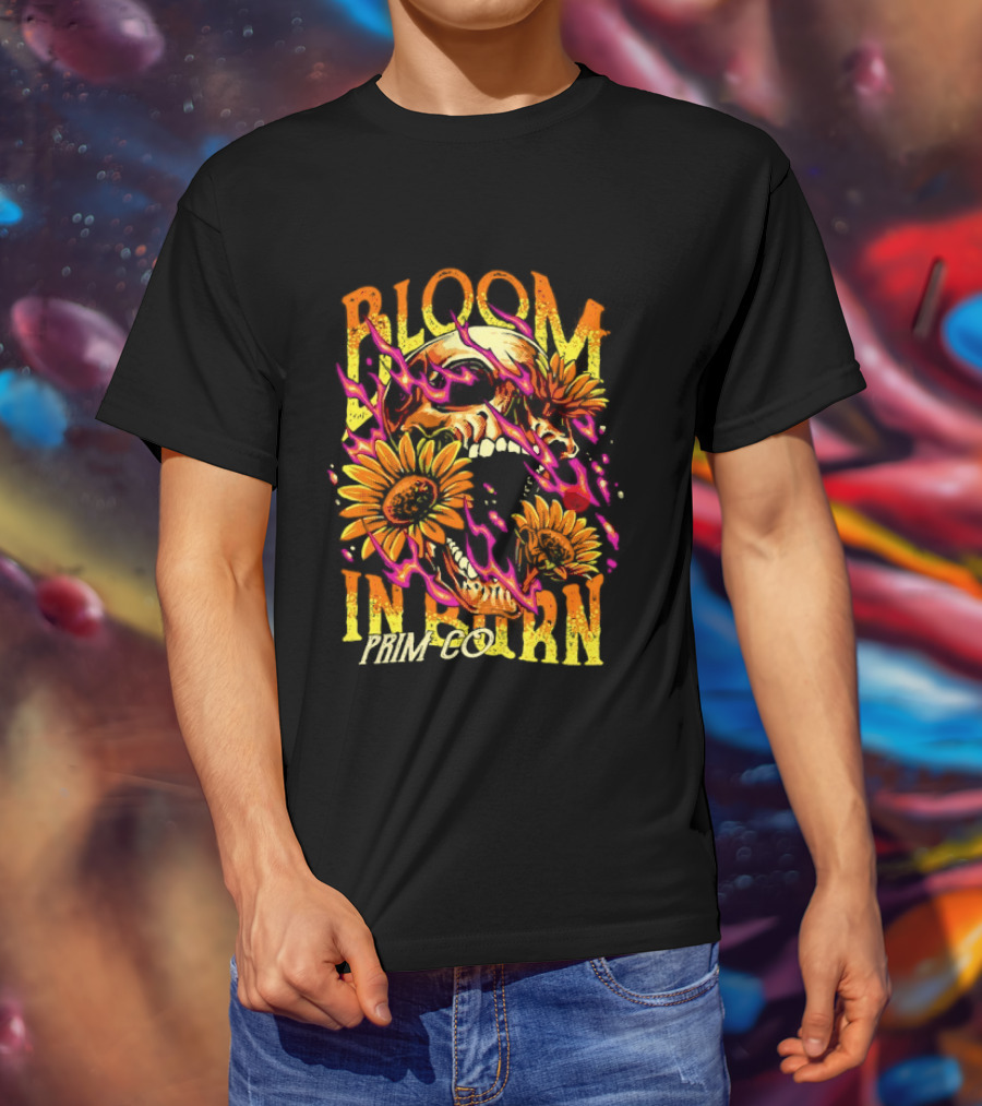 Bloom In Burn Prim Co Skull And Sunflowers T-Shirt