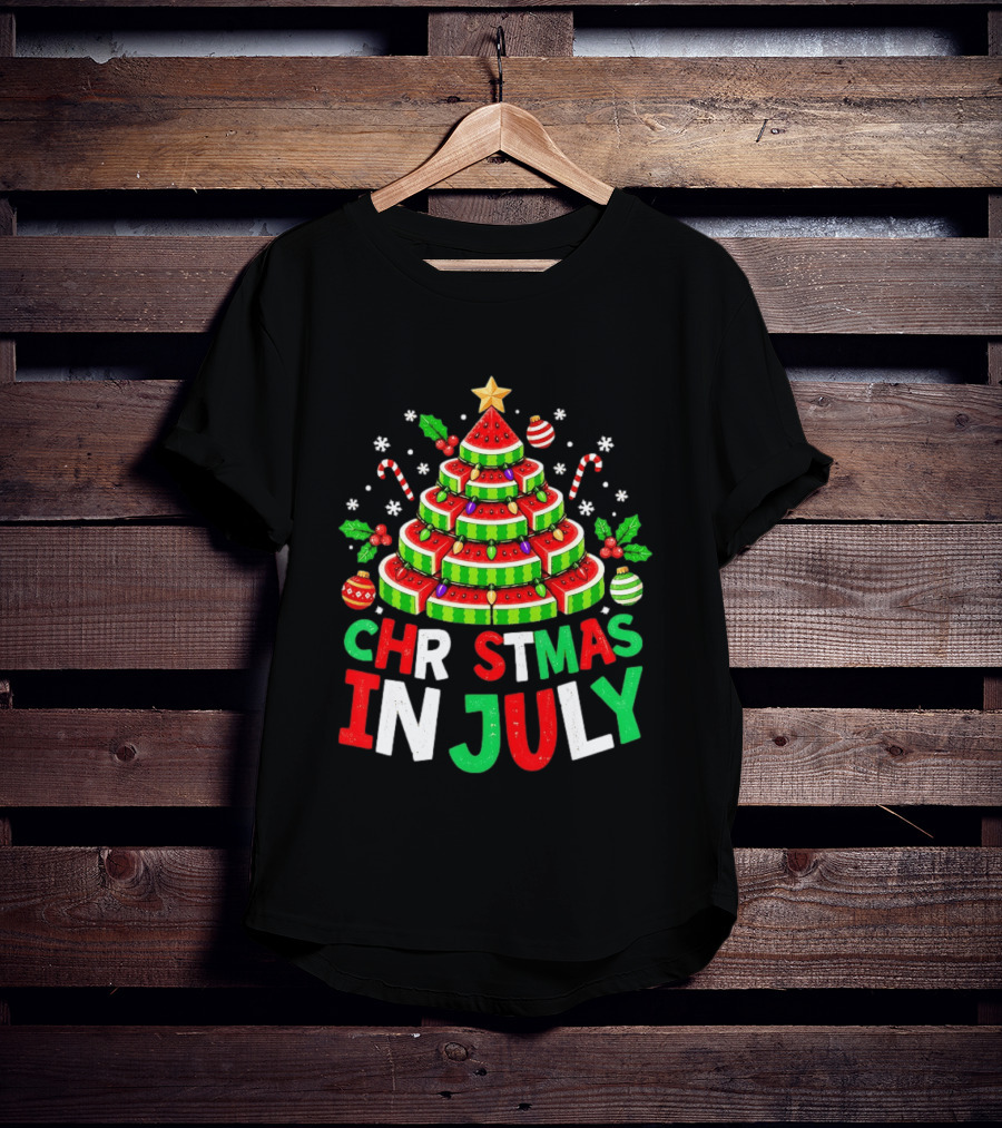 Christmas In July Watermelon Tree With String Lights And Candy Canes T-Shirt