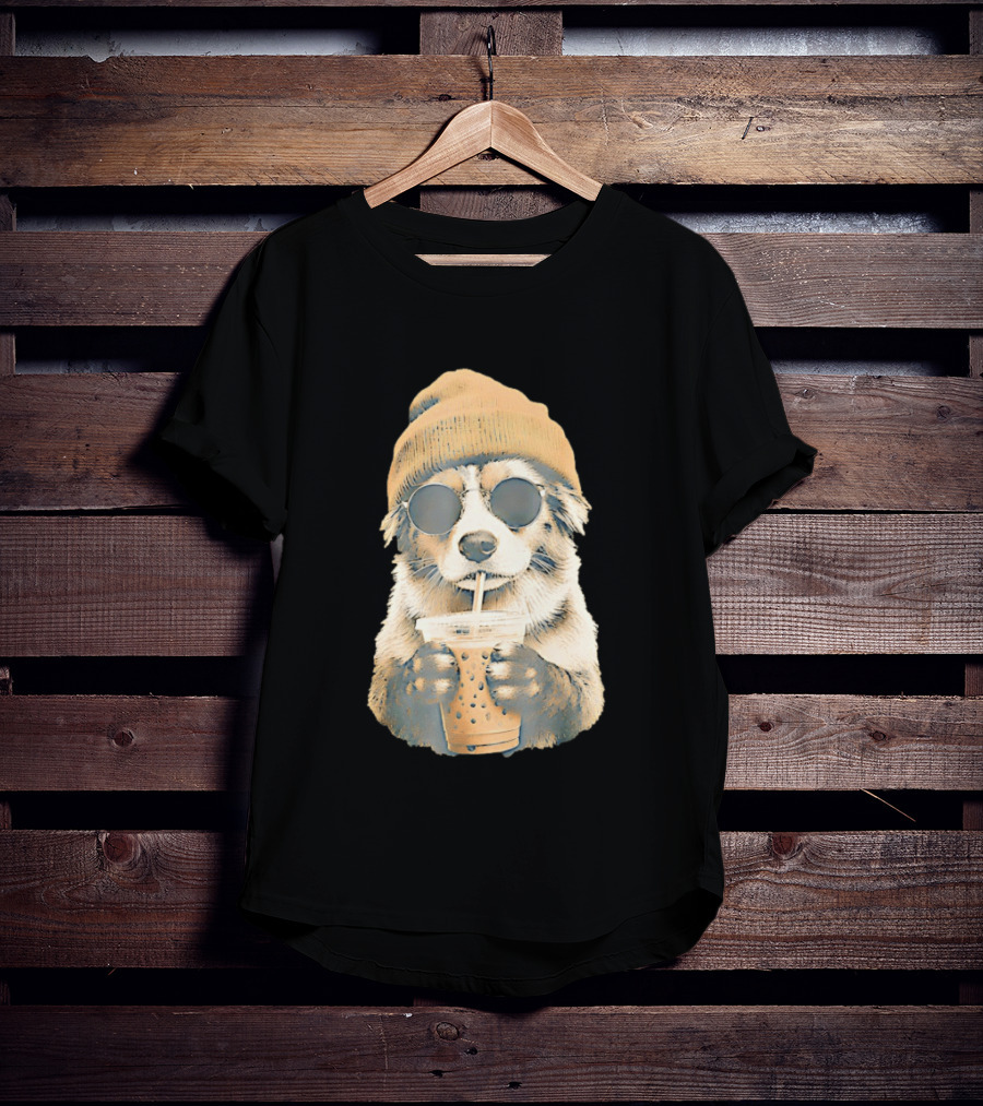 Cozy Dog In Beanie And Sunglasses Enjoying Iced Boba Tea T-Shirt