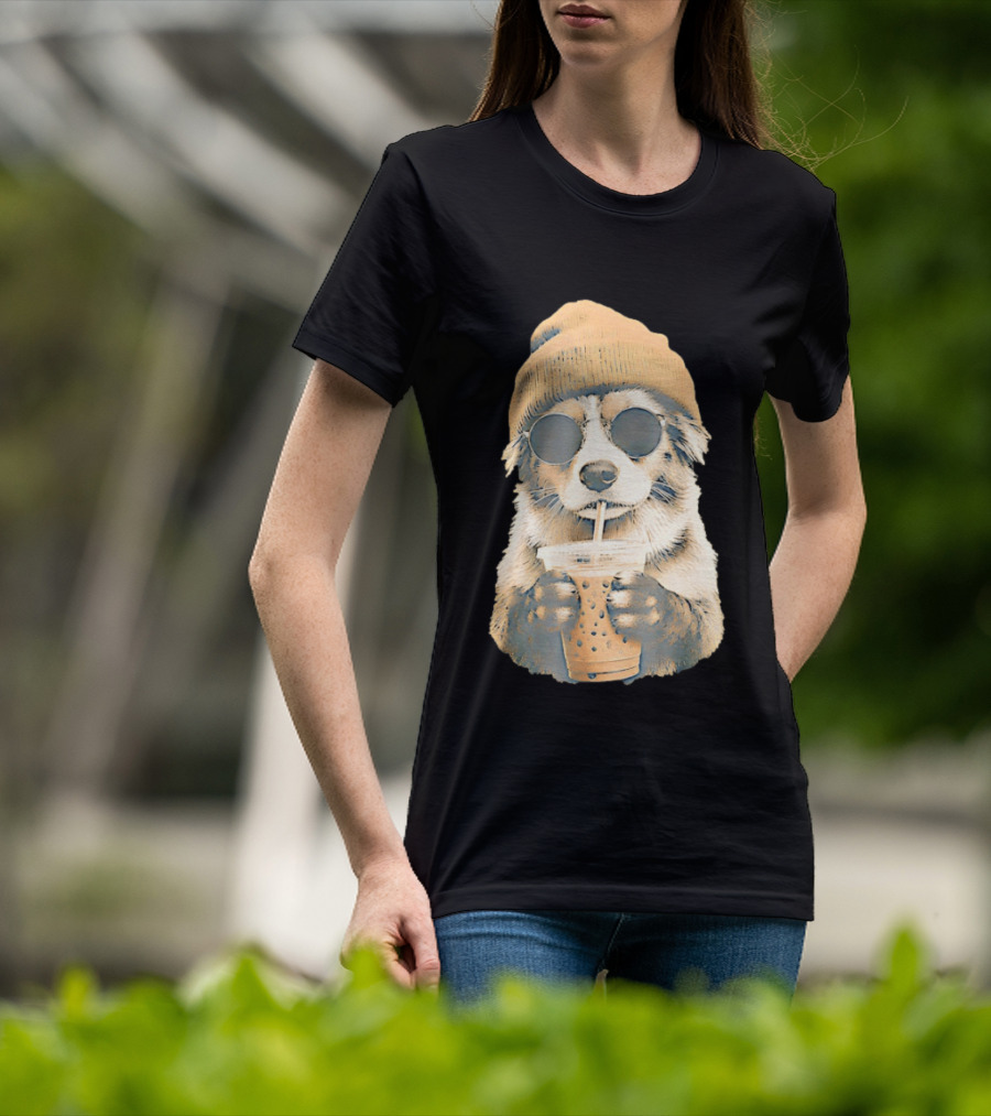 Cozy Dog In Beanie And Sunglasses Enjoying Iced Boba Tea T-Shirt