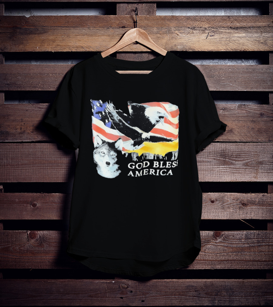 God Bless America Bald Eagle Wolf And American Flag Patriotic T-Shirt