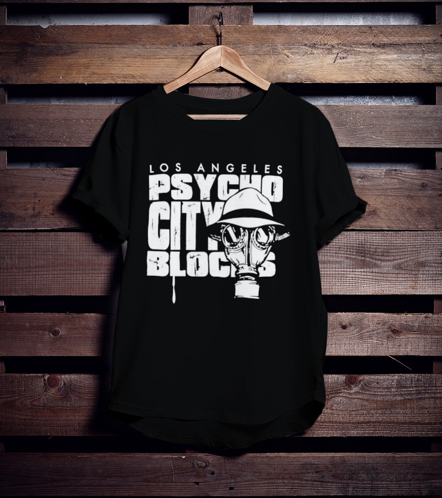 Los Angeles Psycho City Blocks Gas Mask Helmet Bold Lettering T-Shirt