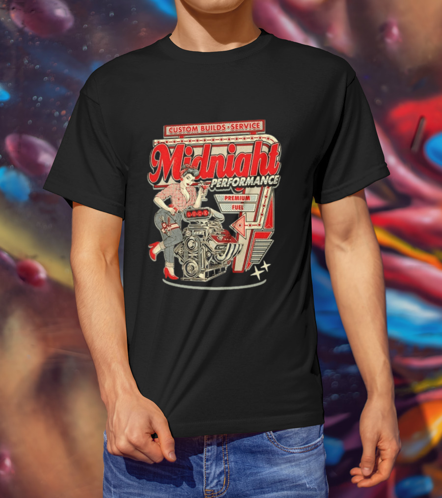 Midnight Performance Custom Builds Service Premium Fuel Retro Pin Up T-Shirt