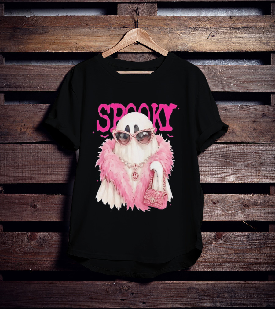 Spooky Glamorous Ghost With Pink Fur And Sunglasses T-Shirt
