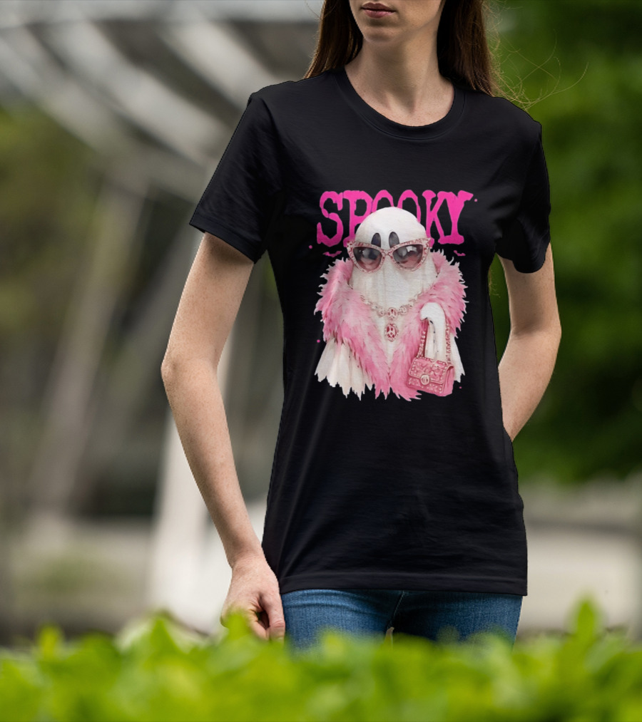 Spooky Glamorous Ghost With Pink Fur And Sunglasses T-Shirt