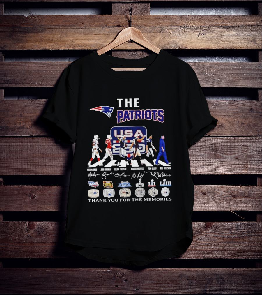 The Patriots USA 250 Thank You For The Memories With Player Signatures And Super Bowl Logos T-Shirt