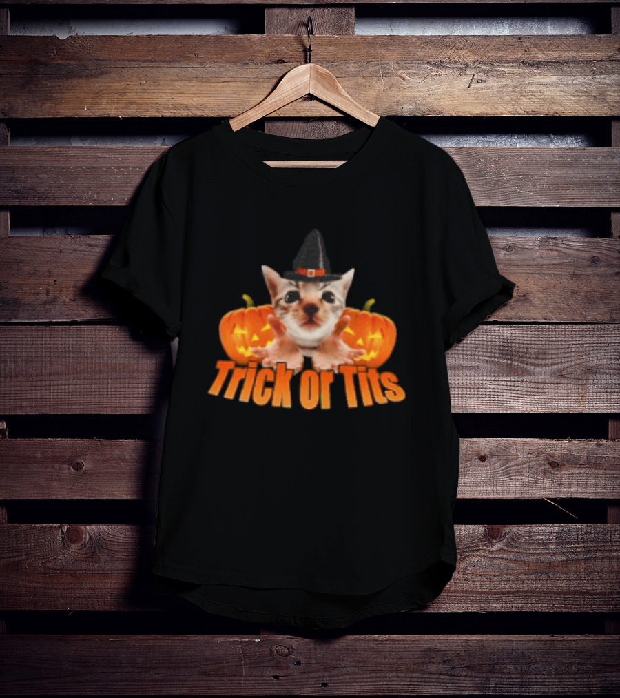 Trick Or Tits Halloween Cat Witch Pumpkin Hat T-Shirt