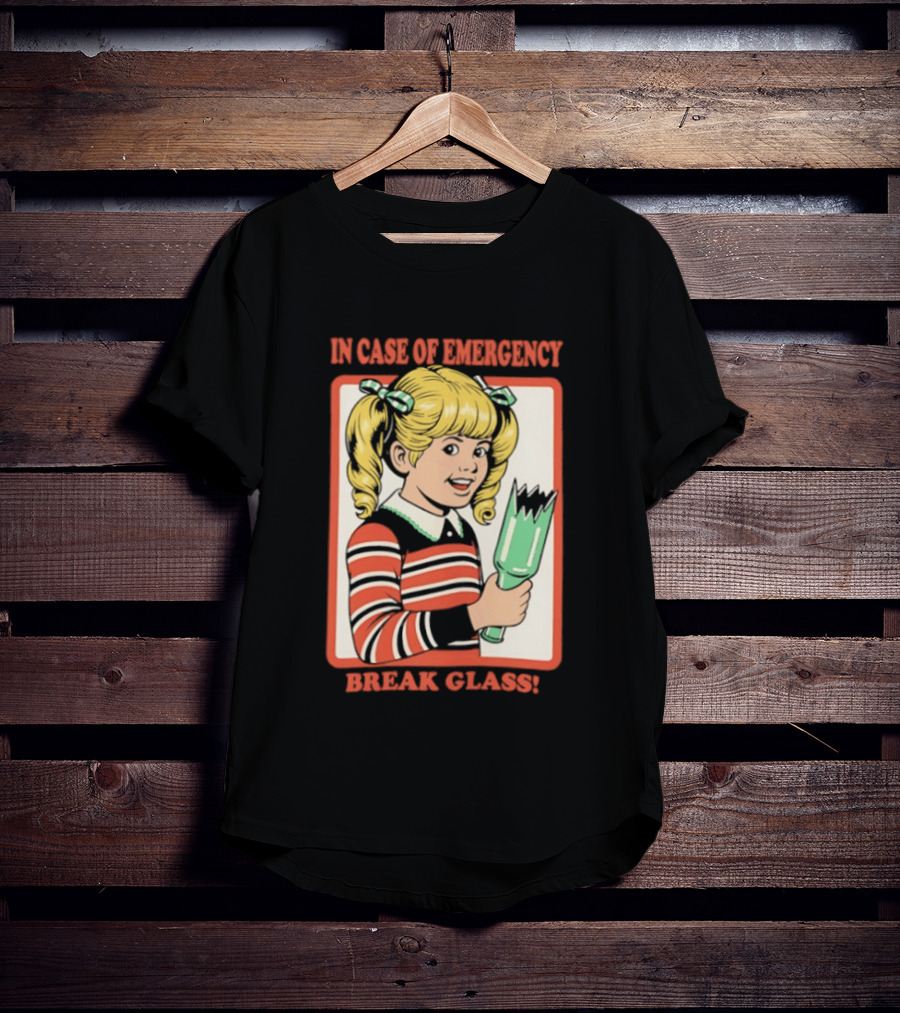 In Case Of Emergency Break Glass Blonde Girl With Striped Sweater Holding Broken Bottle T-Shirt