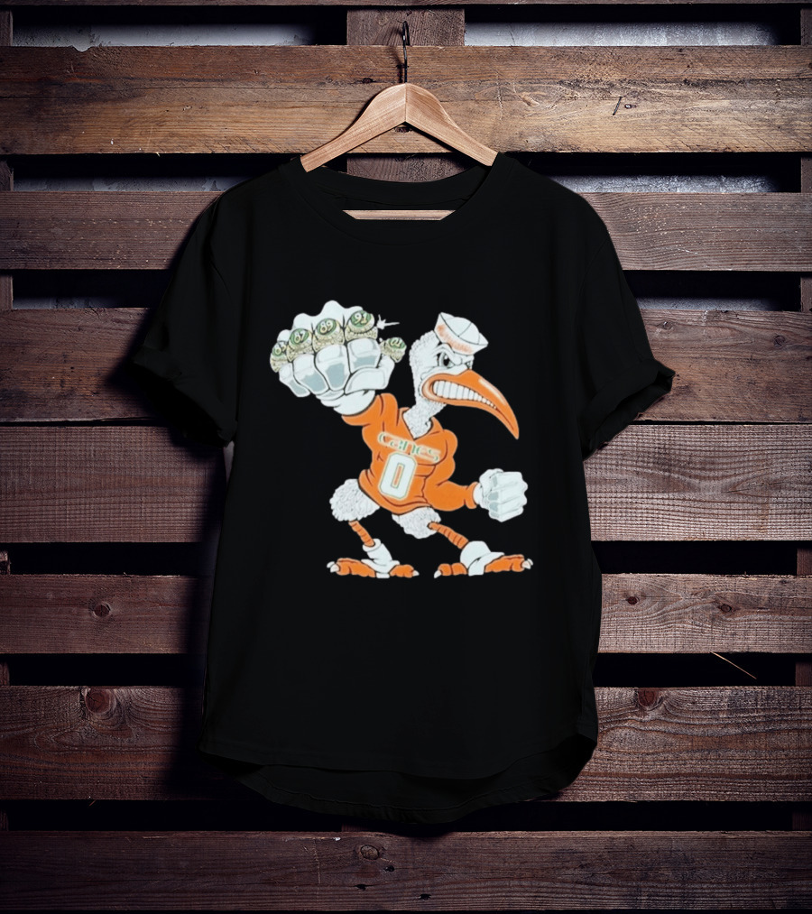 Miami Hurricanes Sebastian The Ibis 5 Rings Champs 1983 1987 1989 1991 2001 T-Shirt