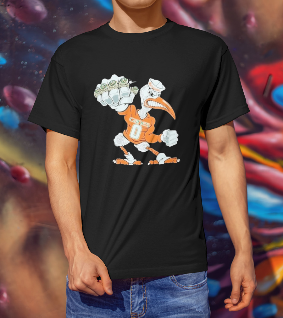 Miami Hurricanes Sebastian The Ibis 5 Rings Champs 1983 1987 1989 1991 2001 T-Shirt