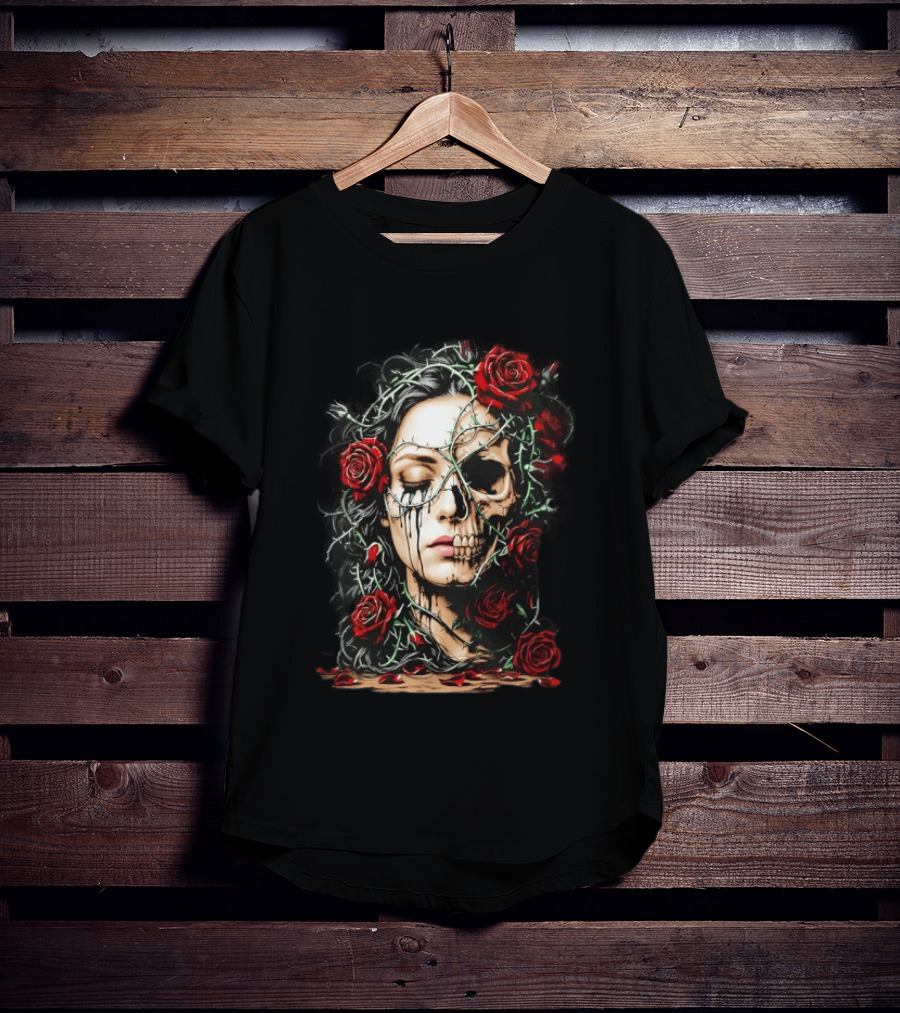 Eleventy Skull And Roses Gothic Heavy Metal Image With Thorns And Red Roses T-Shirt