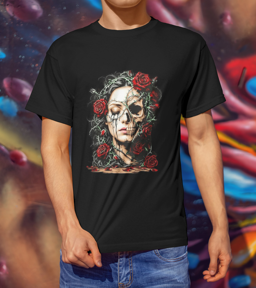 Eleventy Skull And Roses Gothic Heavy Metal Image With Thorns And Red Roses T-Shirt