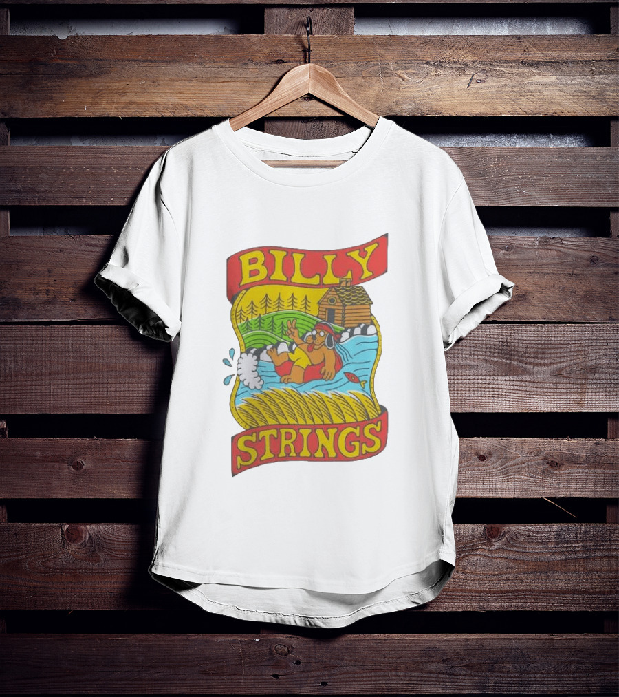 Billy Strings Tubing Bear Cabin Scene With Trees And Fish T-Shirt