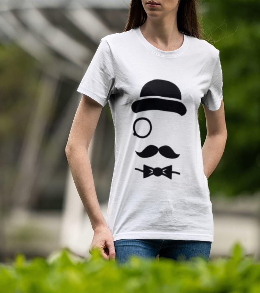 Bowler Hat Monocle Mustache Bow Tie T-Shirt