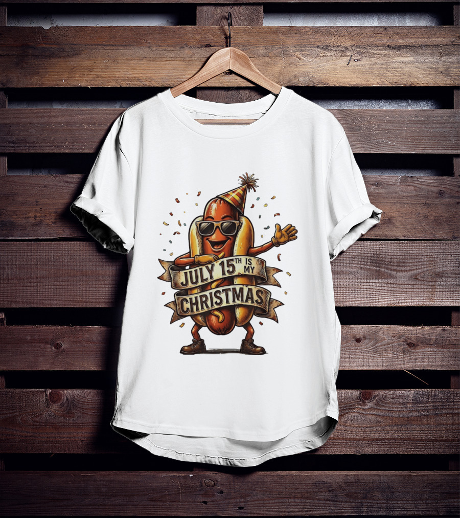 Hot Dog Wearing Sunglasses And Party Hat July 15th Is My Christmas T-Shirt